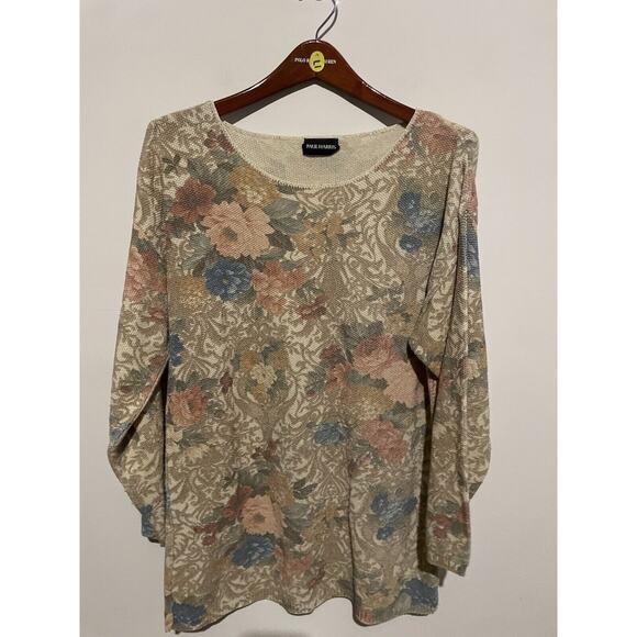 Vintage Paul Harris Pink‎ Cottagecore Floral knit chunky sz L long sleeve scoop - Picture 1 of 7